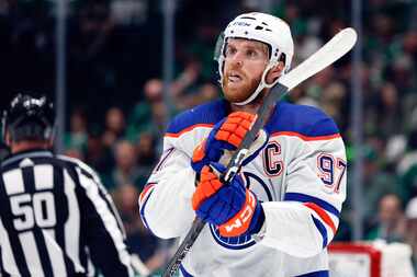 Edmonton Oilers center Connor McDavid (97) skates on the ice during the first period of Game...