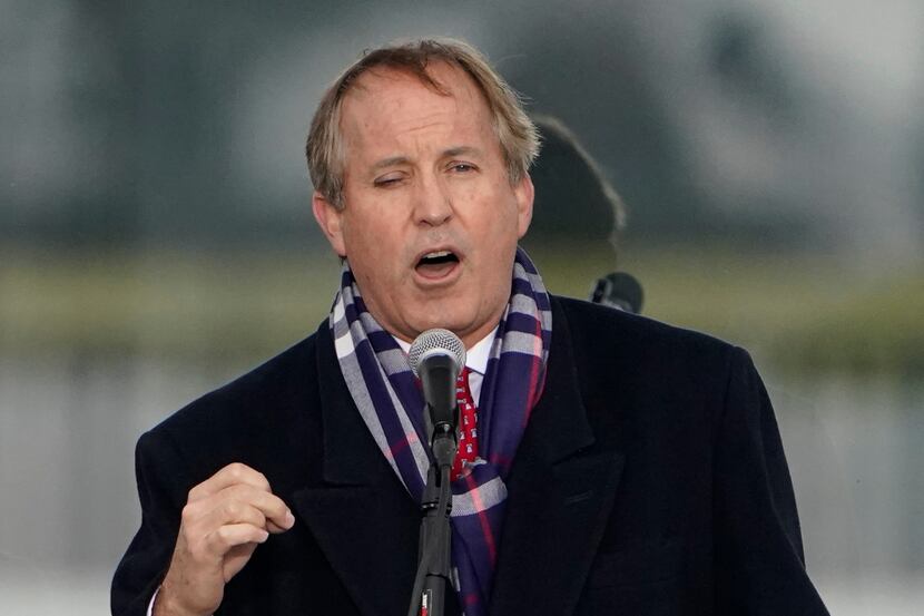 Texas Attorney General Ken Paxton speaks in Washington, at a rally on Jan. 6, 2021 in...