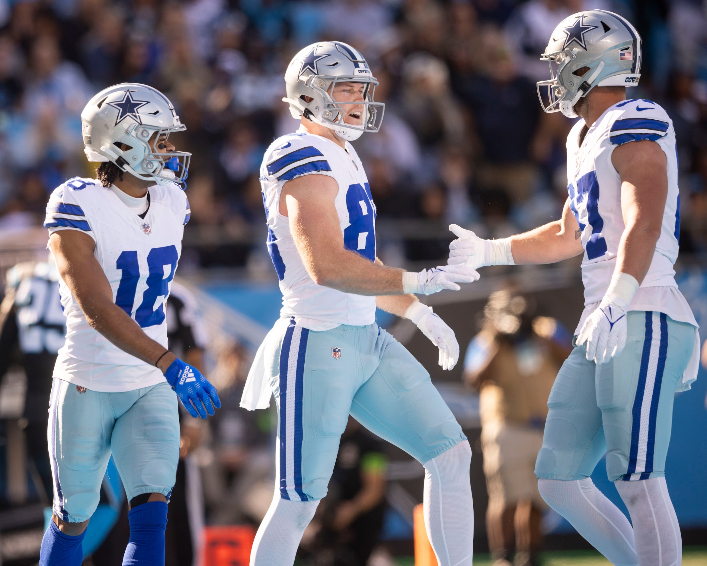 Dallas Cowboys wide receiver Jalen Tolbert (18), Dallas Cowboys tight end Luke Schoonmaker...