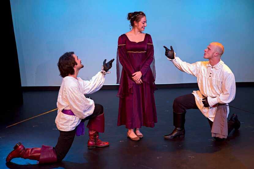 Pierce (Jeff Colangelo, left)  and Parry (Dean Wray) vie for the affections of fair Rosalind...