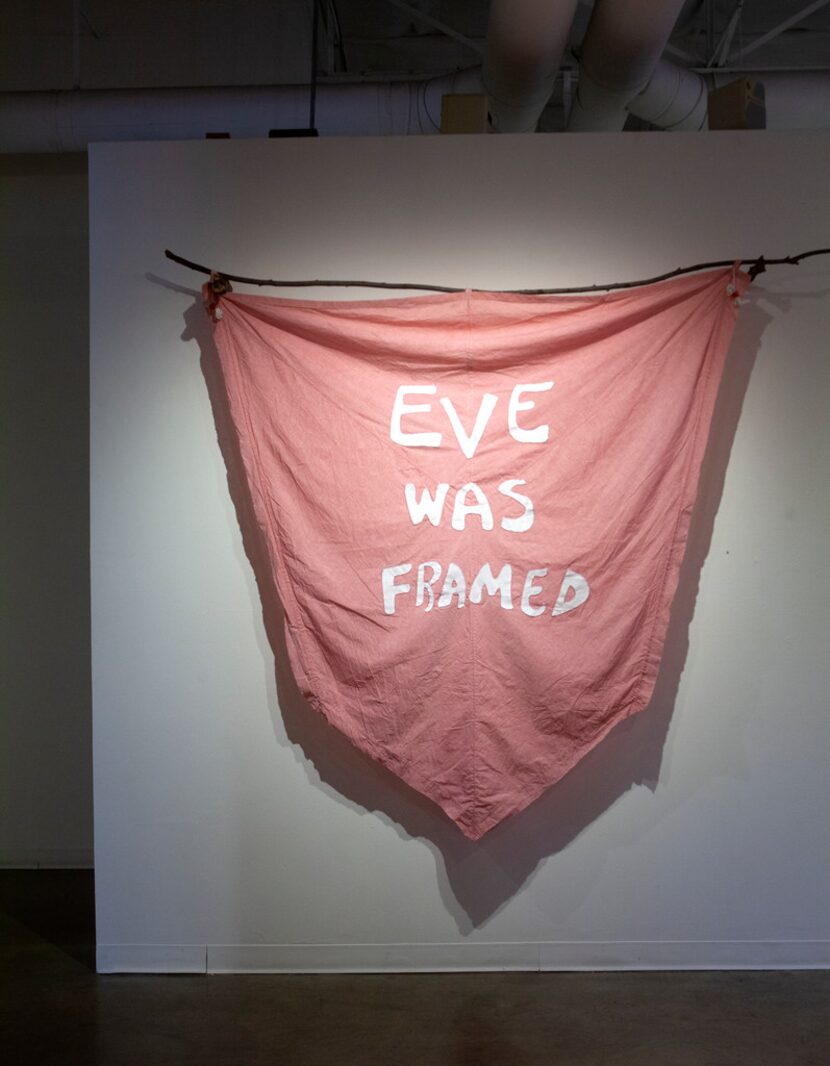 'Eve Was Framed,' 2018, vintage military parachute, embroidery thread, branches; an...