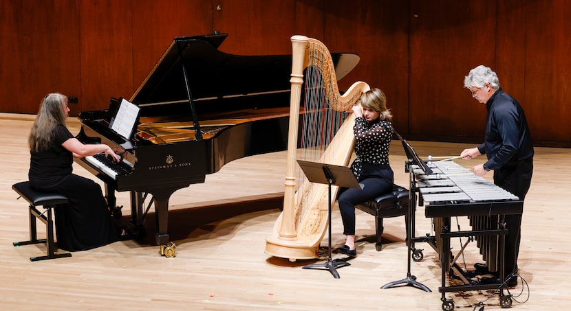 Pianist Liudmila Georgievskaya, harpist Emily Levin and percussionist Drew Lang perform "As...