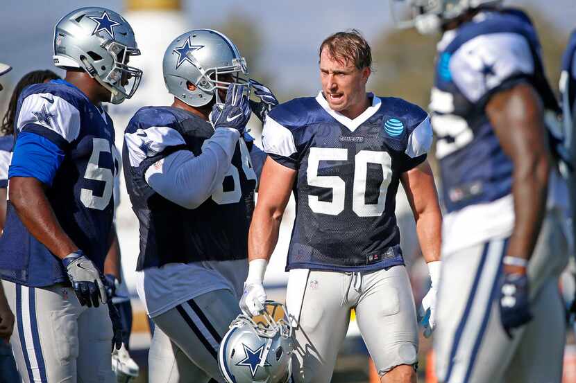 Dallas Cowboys linebacker Sean Lee (50) shouts during a scrimmage at the training camp in...