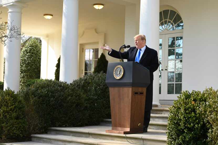 President Donald Trump speaks during an event in the Rose Garden at the White House in...