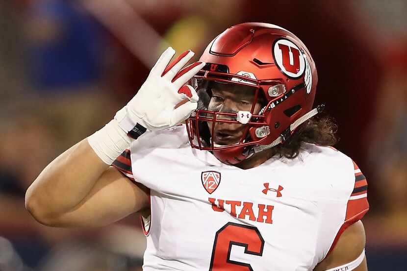 TUCSON, AZ - SEPTEMBER 22: Defensive end Bradlee Anae #6 of the Utah Utes reacts to a sack...