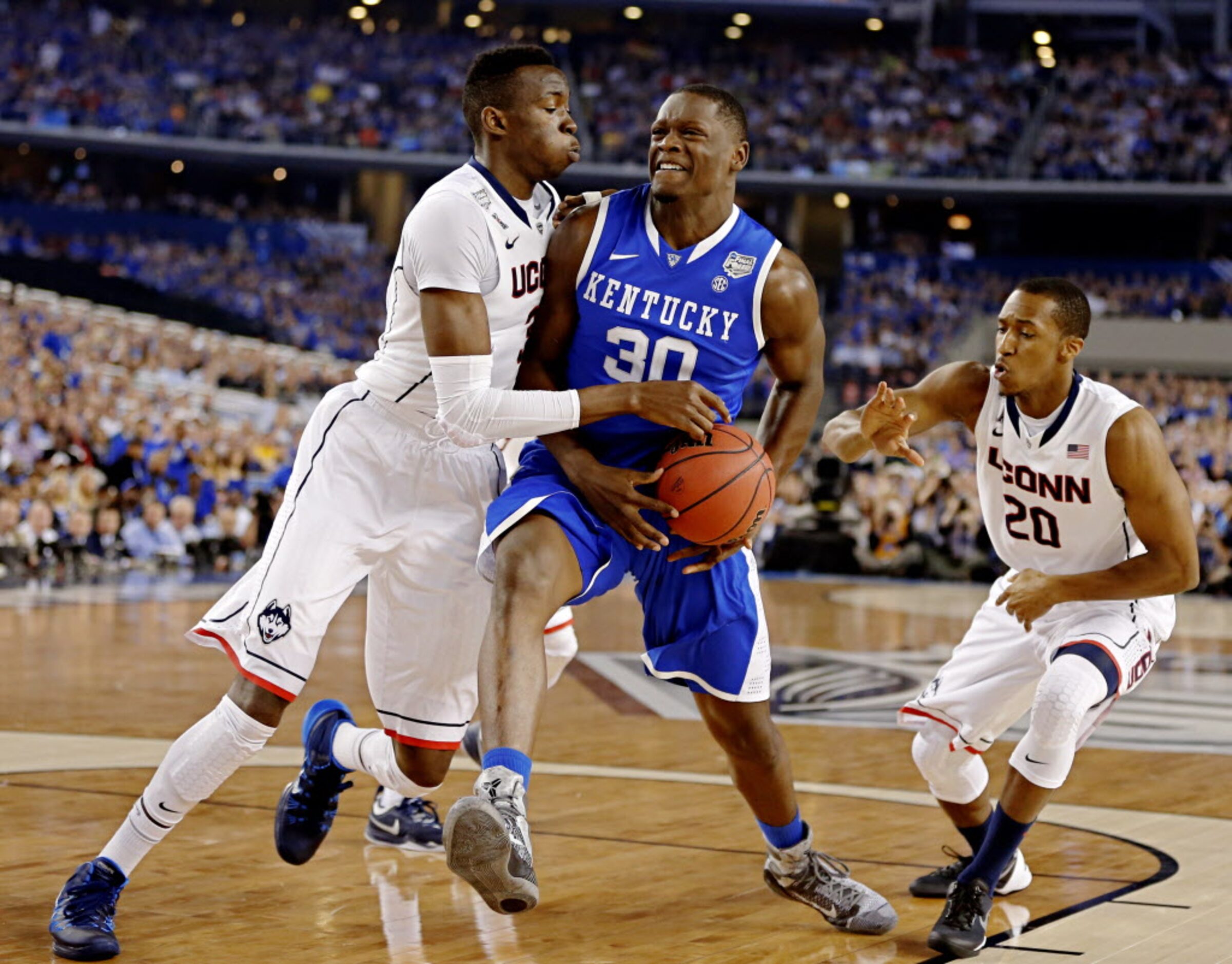 Connecticut Huskies center Amida Brimah (left) and guard/forward Lasan Kromah (right)...