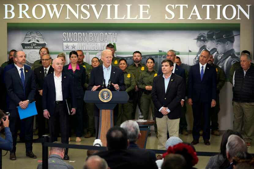 President Joe Biden speaks at the Border Patrol station in Brownsville, Texas, on Thursday,...