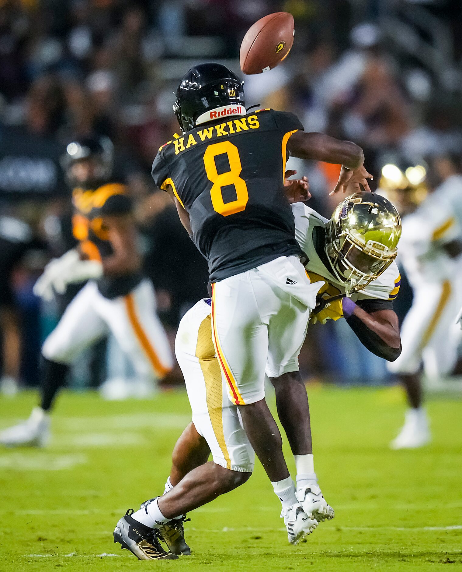 Grambling quarterback Quaterius Hawkins (8) loses the football as he is sacked by Prairie...