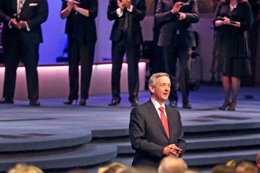 First Baptist Dallas pastor Dr. Robert Jeffress greets the crowd during the 150th...