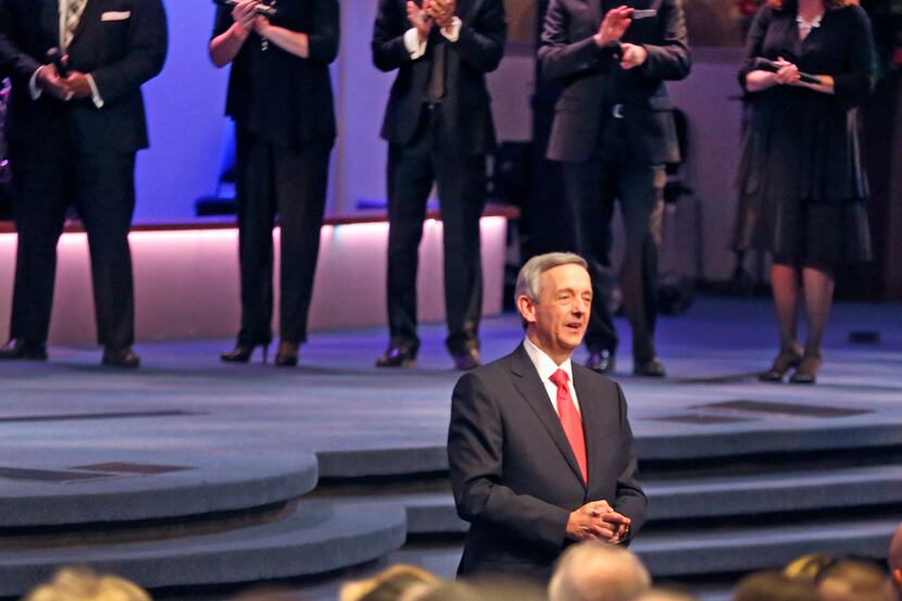 First Baptist Dallas pastor Dr. Robert Jeffress greets the crowd during the 150th...