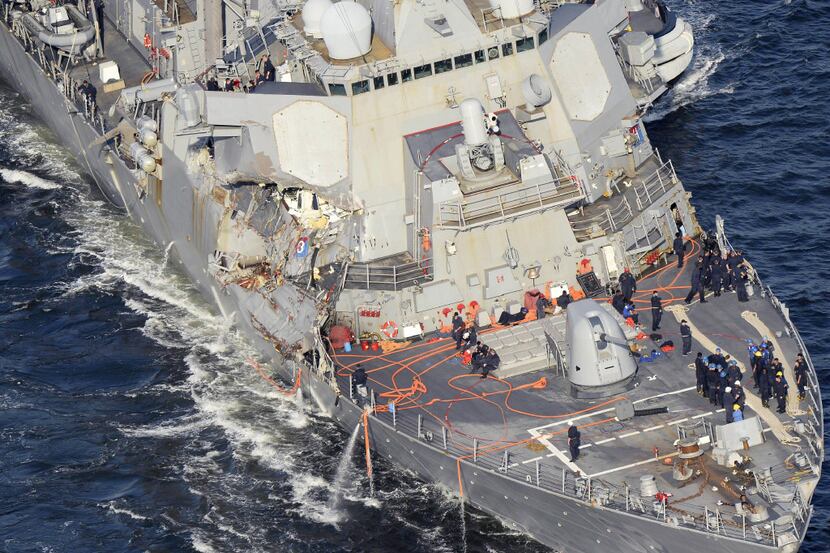 The damaged USS Fitzgerald, as seen Saturday off Yokosuka, near Tokyo. (Hitoshi Takano/Kyodo...
