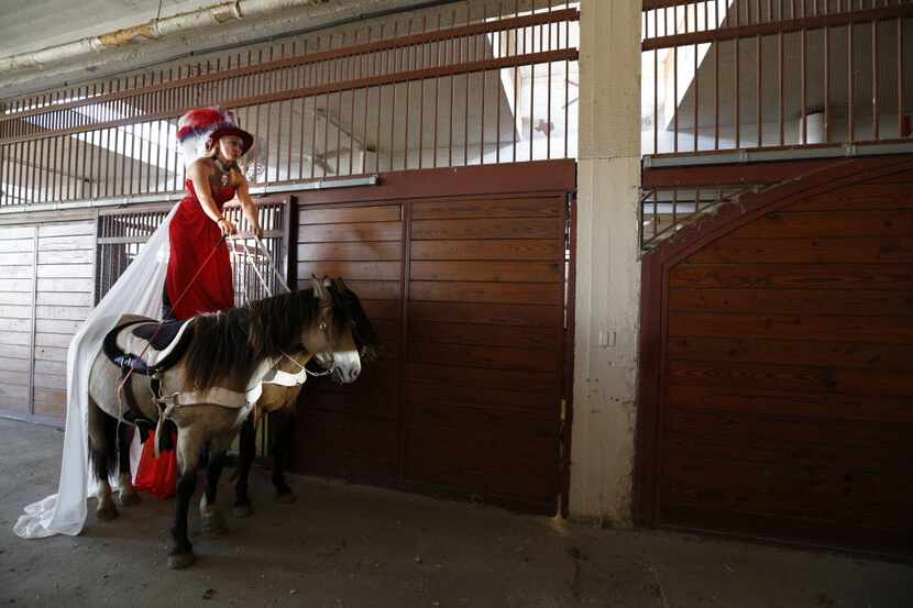 Ginger Duke, riding Roman-style, holds her horses as she waits to go into the Pan Am Arena...