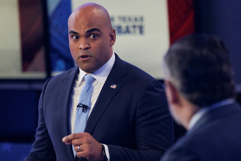 Rep. Colin Allred, D-Texas, left, speaks during a U.S. Senate debate with Sen. Ted Cruz,...