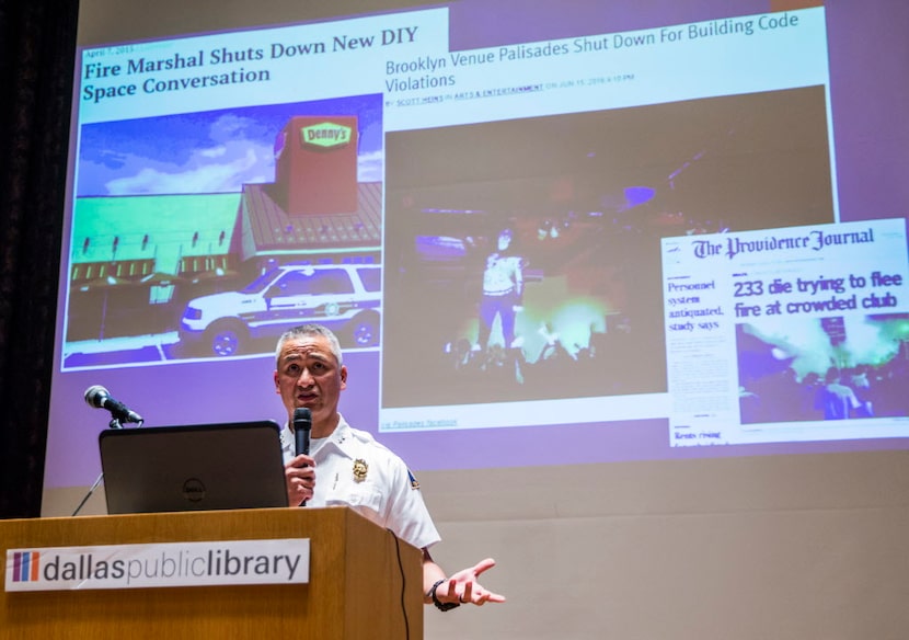 Deputy Fire Chief and Fire Marshal Christopher Martinez spoke as members of the Dallas art...