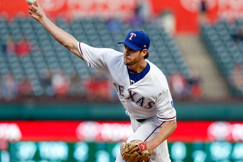 Texas Rangers starting pitcher Doug Fister (38) throws against the Los Angeles Angels during...