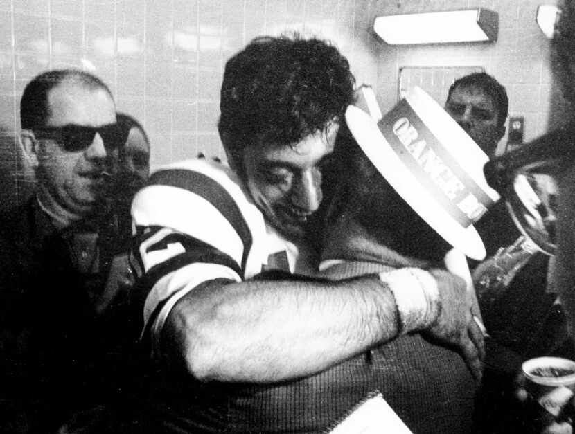 FILE - In this Jan. 12, 1969, file photo, New York Jets quarterback Joe Namath gives his...