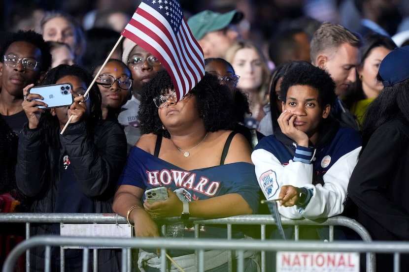 Supporters of Democratic presidential nominee Vice President Kamala Harris attend an...