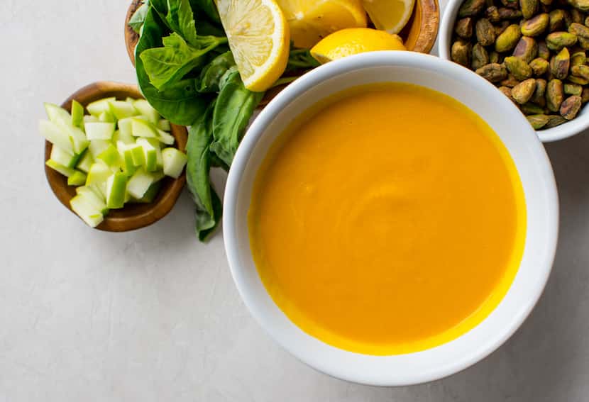 Carrot Ginger Blended Soup with Green Apples, Basil and Pistachios