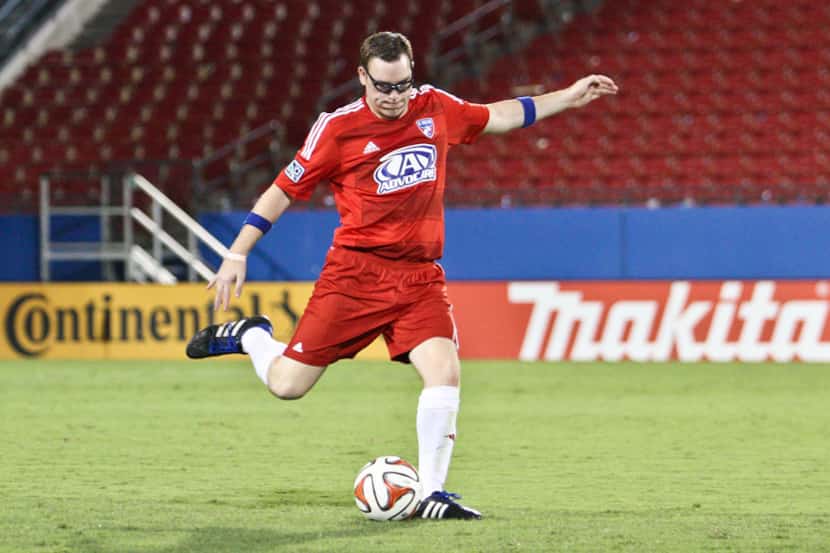 Aug 9, 2014; Dallas, TX, USA; FC Dallas Special Olympics Unified player, Anthony Campise,...