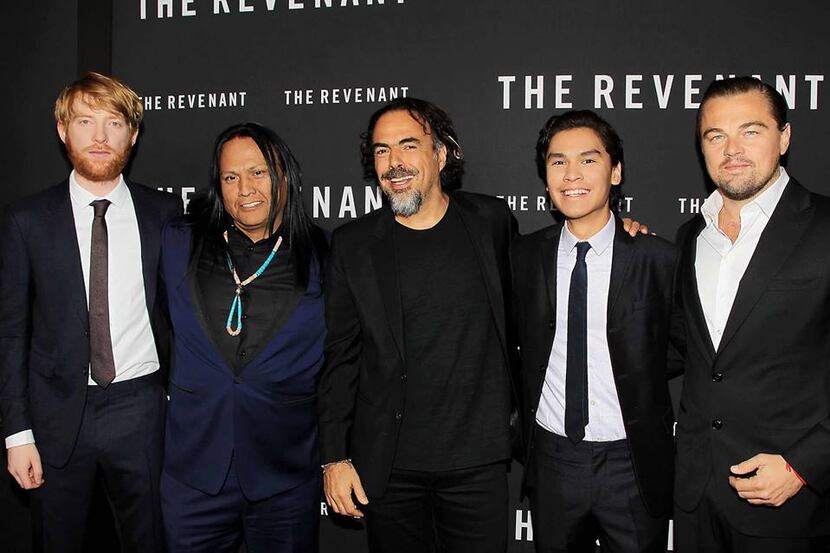 From left, Domhall Gleeson, Arthur Redcloud, director Alejandro González Iñárritu, Forrest...