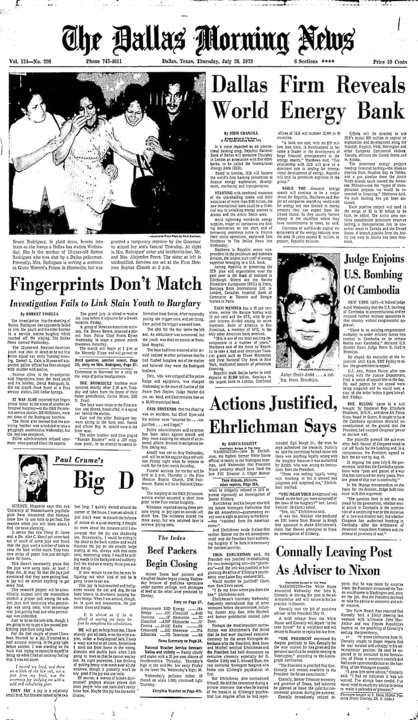 The front page of The Dallas Morning News on July 26, 1973, featured a story detailing the...