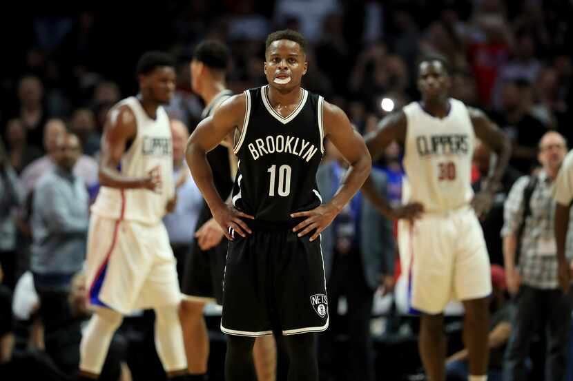 LOS ANGELES - NOV. 14, 2016:  Yogi Ferrell (#10) of the Brooklyn Nets looks on during a game...