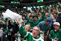 Dallas Stars fan celebrate a goal during the second period of Game 1 of the NHL hockey...