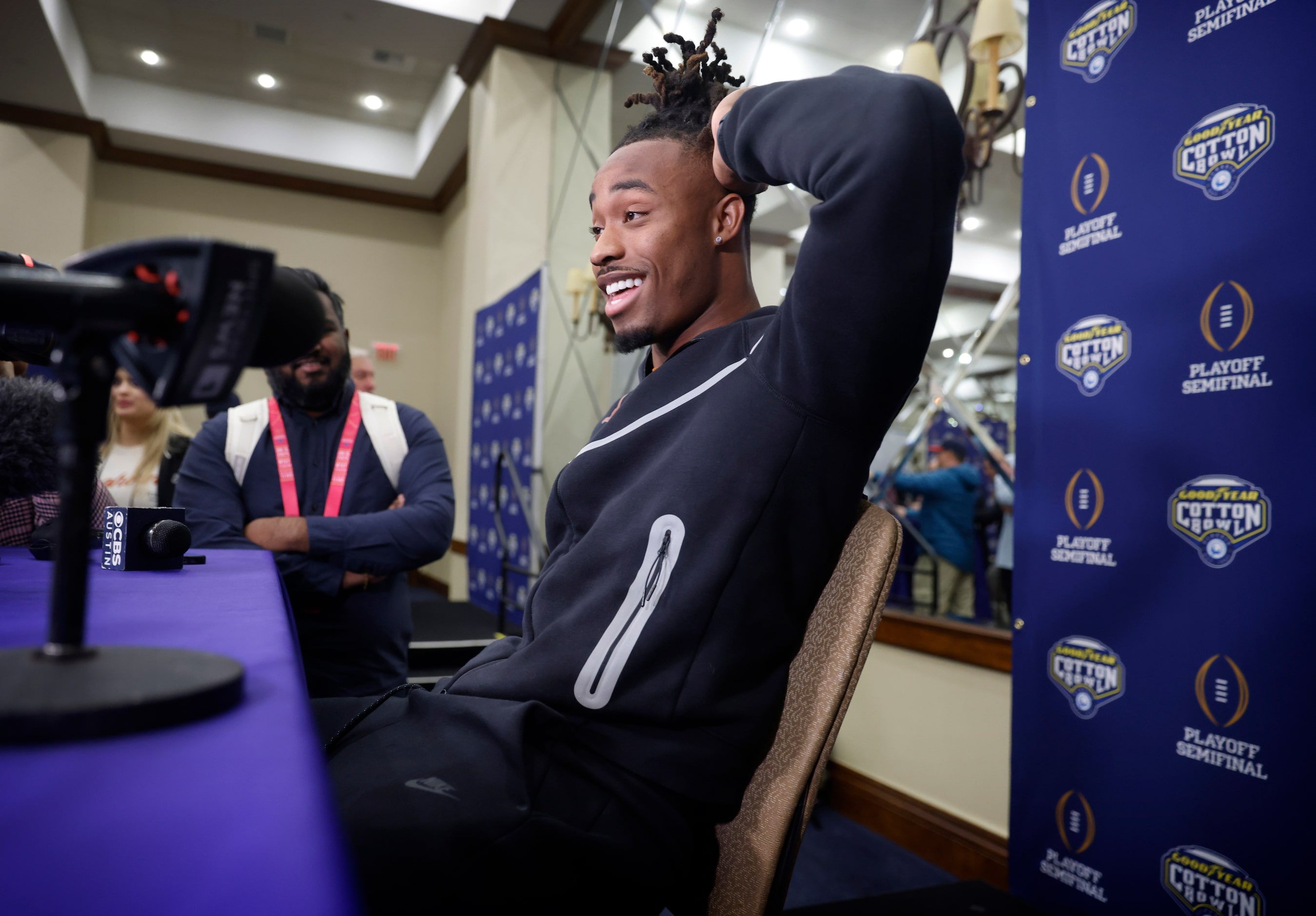 Texas Longhorns defensive back Jahdae Barron answers questions from the media during Cotton...