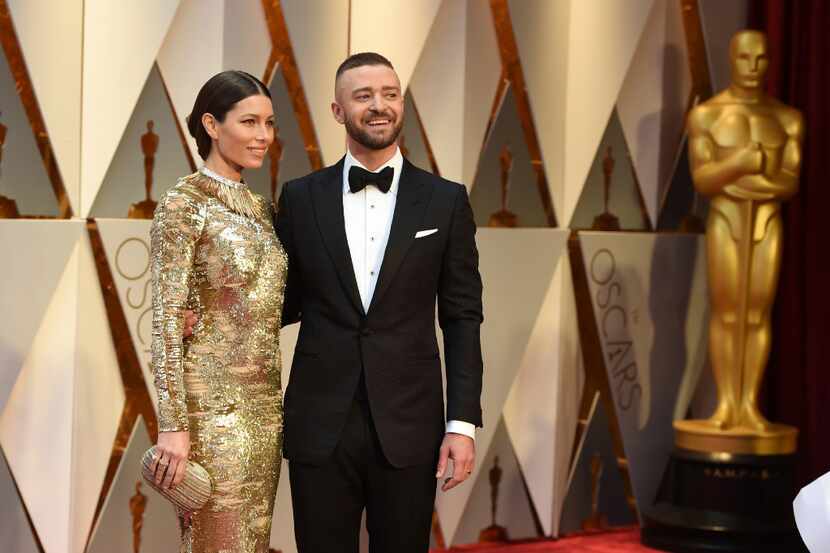 Jessica Biel, left, and Justin Timberlake arrive at the Oscars on Sunday, Feb. 26, 2017, at...