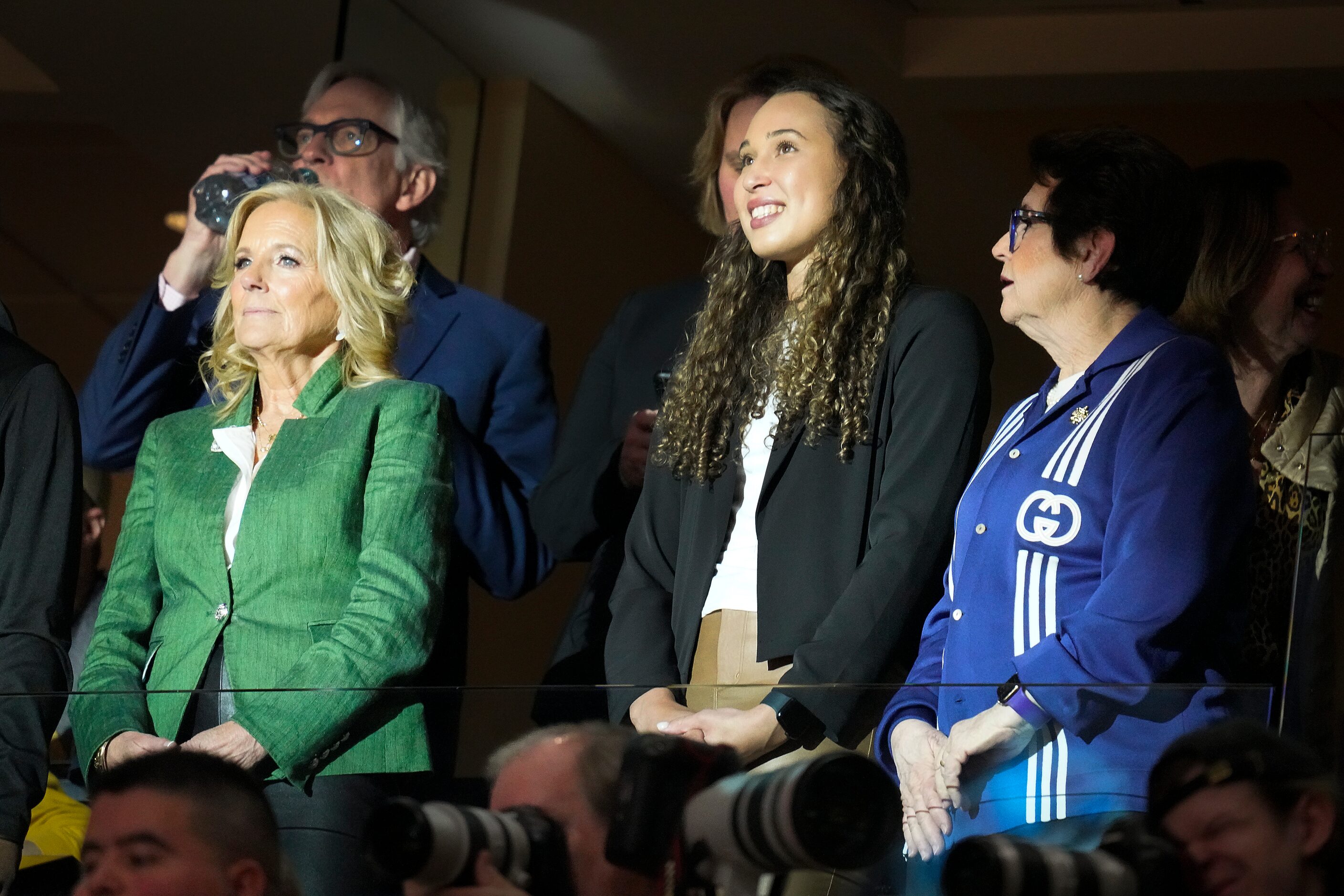 First Lady Jill Biden (left) watches from a suite before the NCAA Women's Final Four...