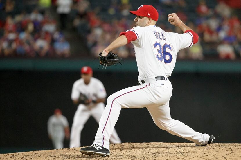 Texas Rangers starting pitcher Dillon Gee pitches during the fifth inning against the Tampa...