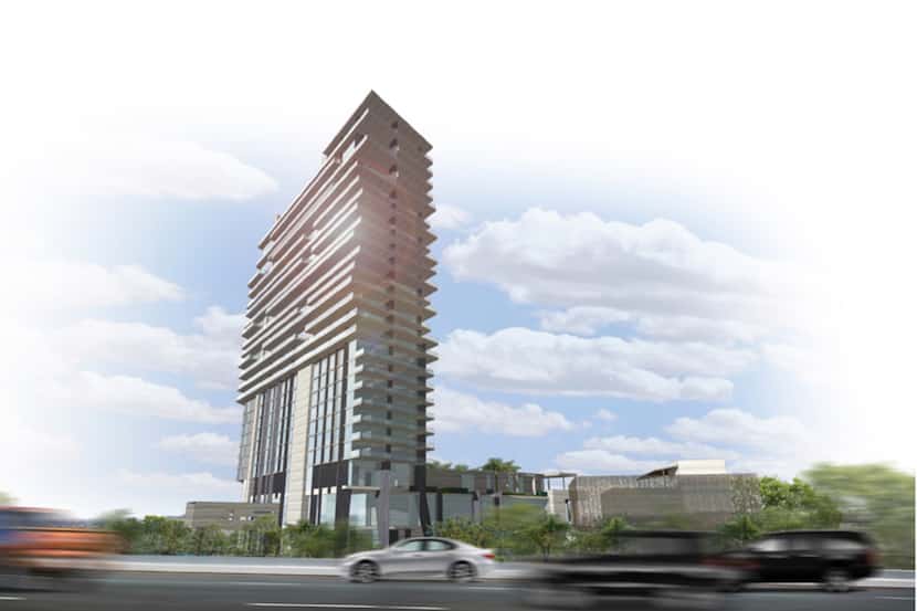 The 25-story tower is planned at the tollway and John Hickman Parkway.