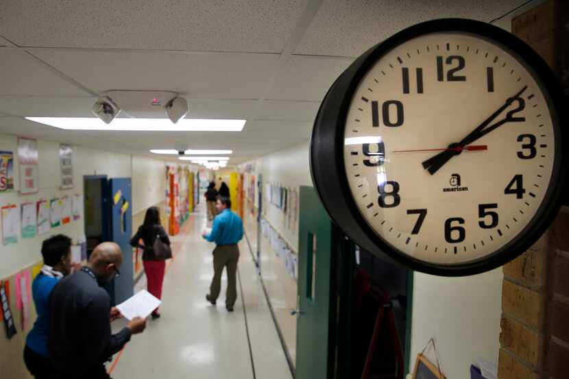 A file photo of a clock at Pleasant Run Elementary in Lancaster ISD on Monday, April 13,...