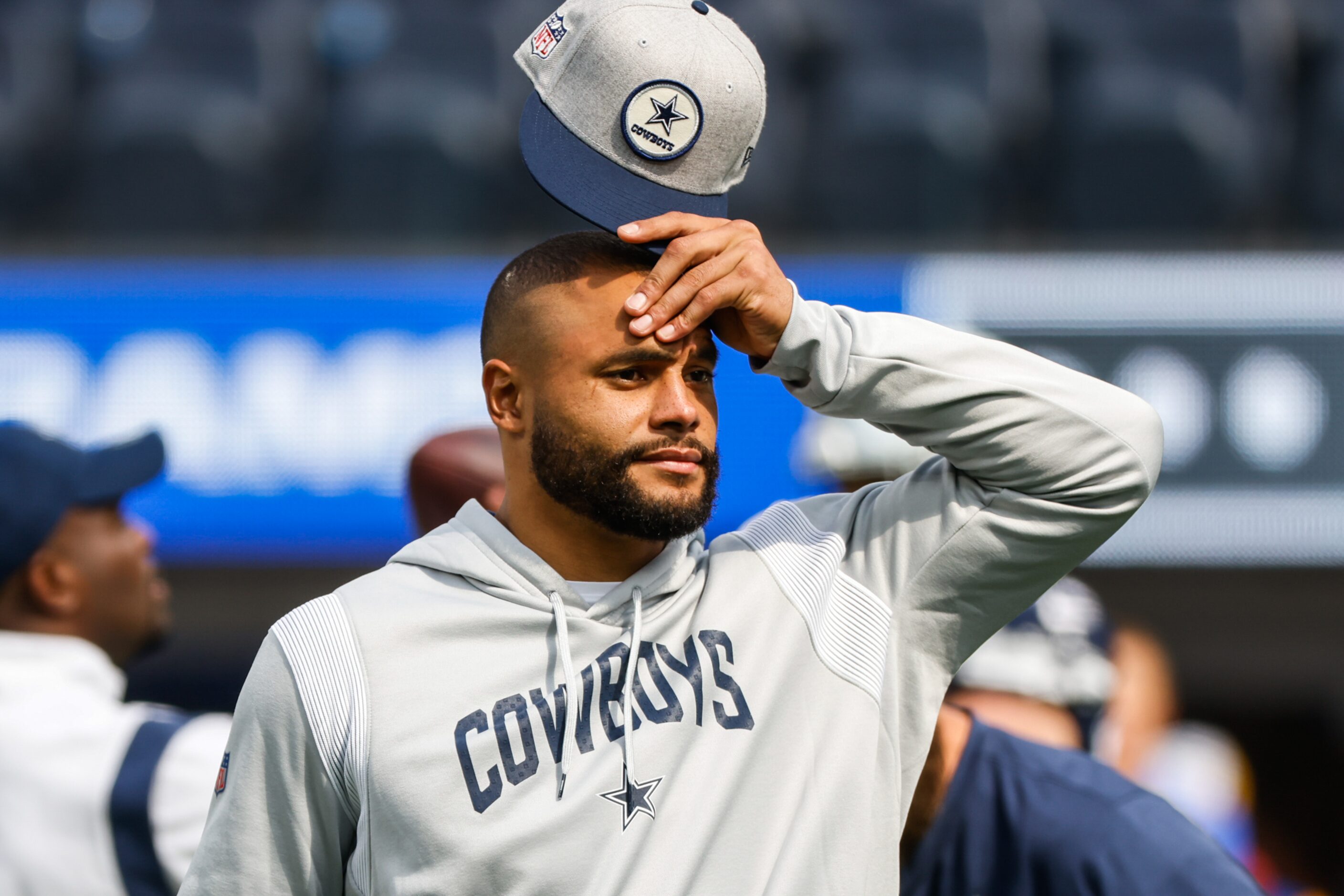 Dallas Cowboys quarterback Dak Prescott (4) during warmup at the SoFi Stadium in Los...