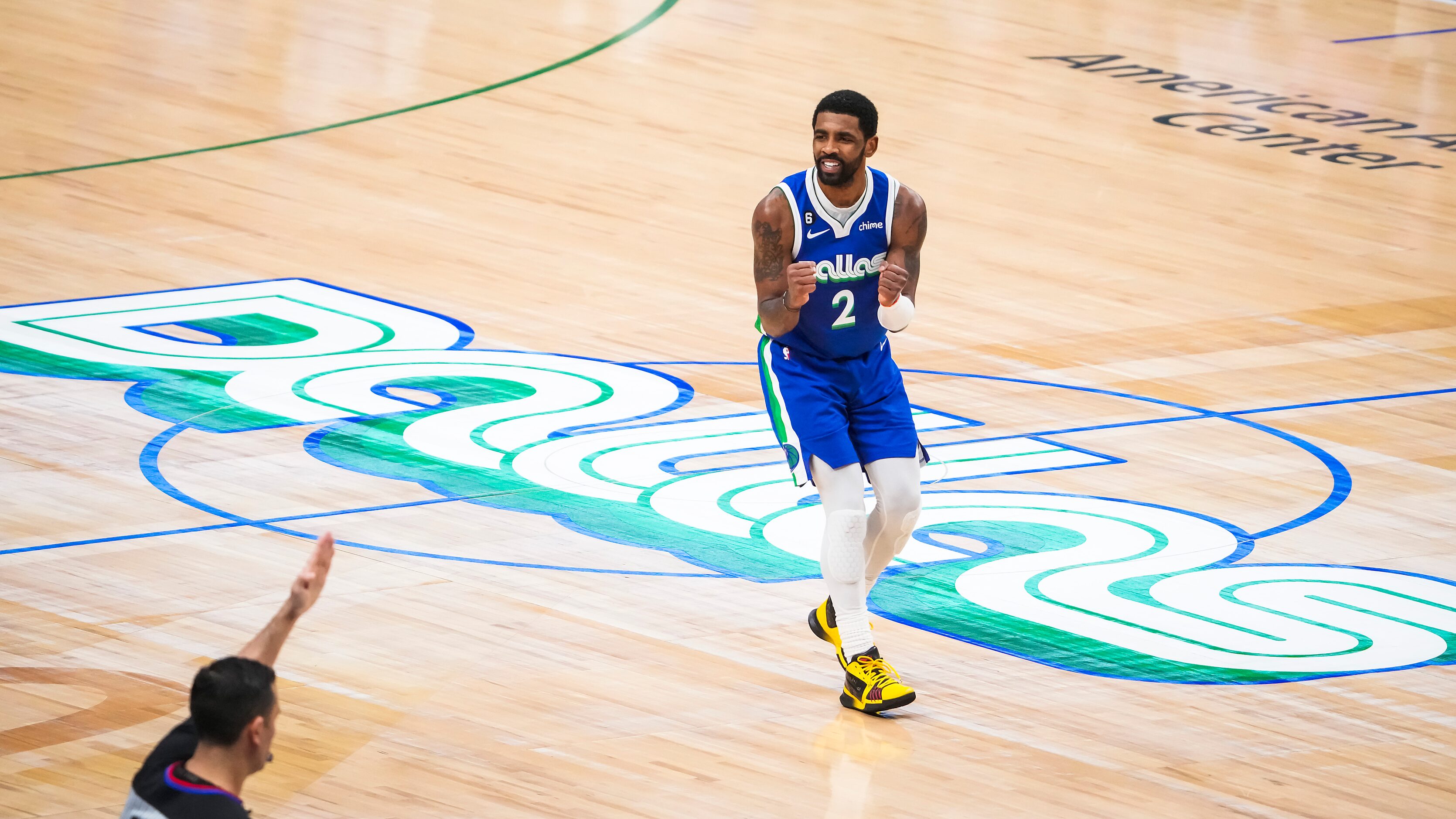 Dallas Mavericks guard Kyrie Irving (2) celebrates after a Mavericks 3-pointer during the...