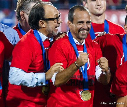 Fernando Clavijo (left) and Oscar Pareja celebrate FC Dallas' 2016 US Open Cup win.