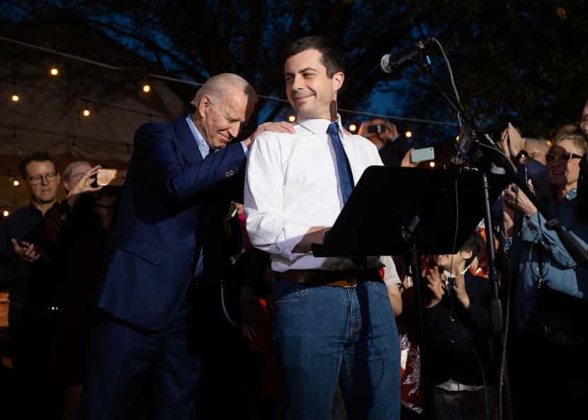Pete Buttigieg (right), who had dropped out of the presidential race a day earlier, endorsed...