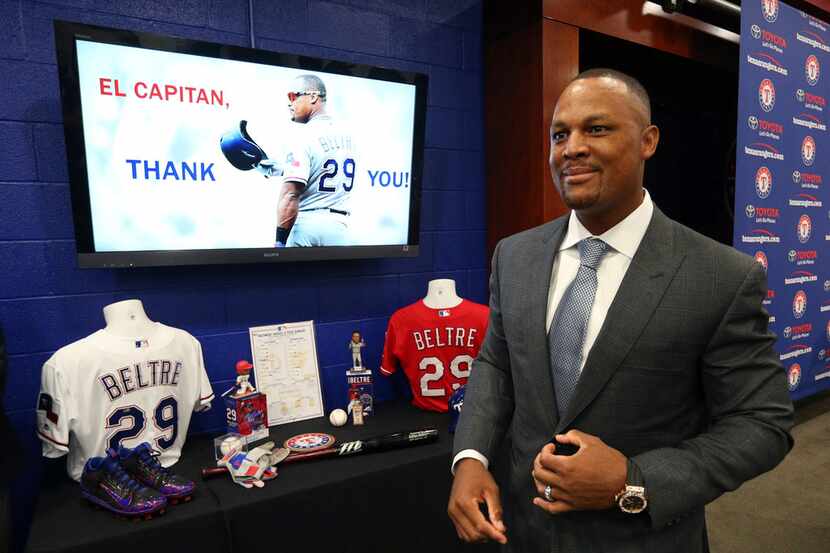 Adrian Beltre leaves a news conference in Arlington on Nov. 30, 2018. Beltre, who spent the...