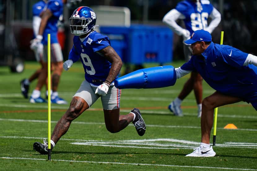 New York Giants wide receiver Malik Nabers (9) during an NFL football practice, Tuesday,...