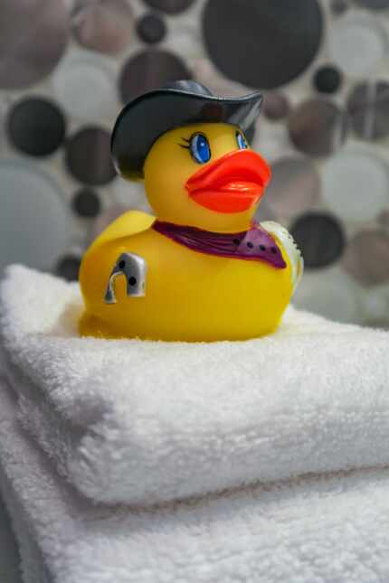 Rubber duckies are left in the bathroom at Archer Hotel Austin