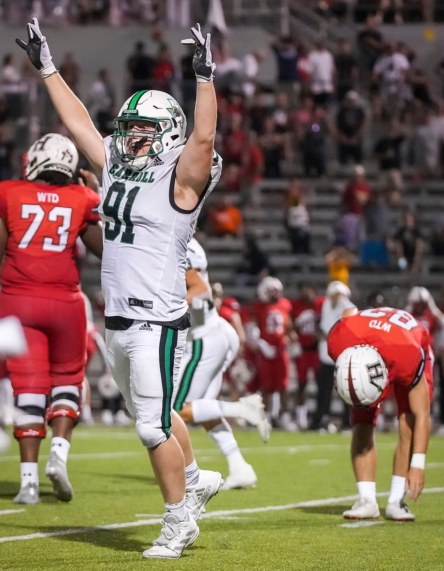 Southlake Carroll defensive lineman Calder Bray (91) celebrates after a missed 29-yard field...