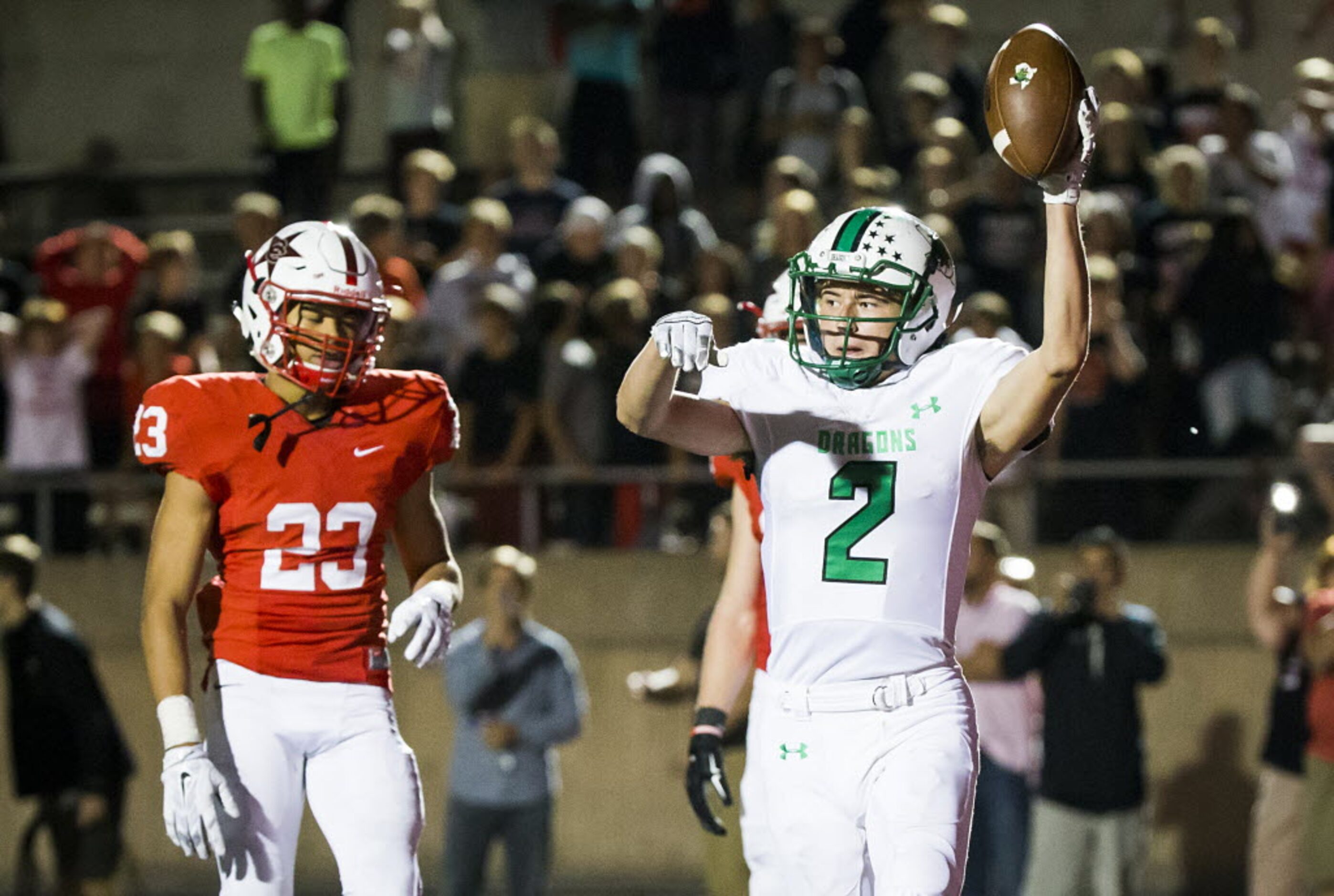 Southlake Carroll wide receiver Kam Duhon (2) celebrates after catching a touchdown pass in...