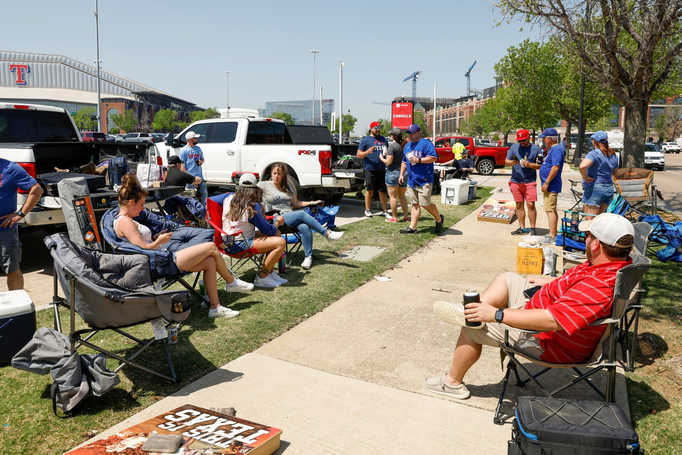 Texas Rangers fan tailgate before the home opener against the Colorado Rockies at Globe Life...