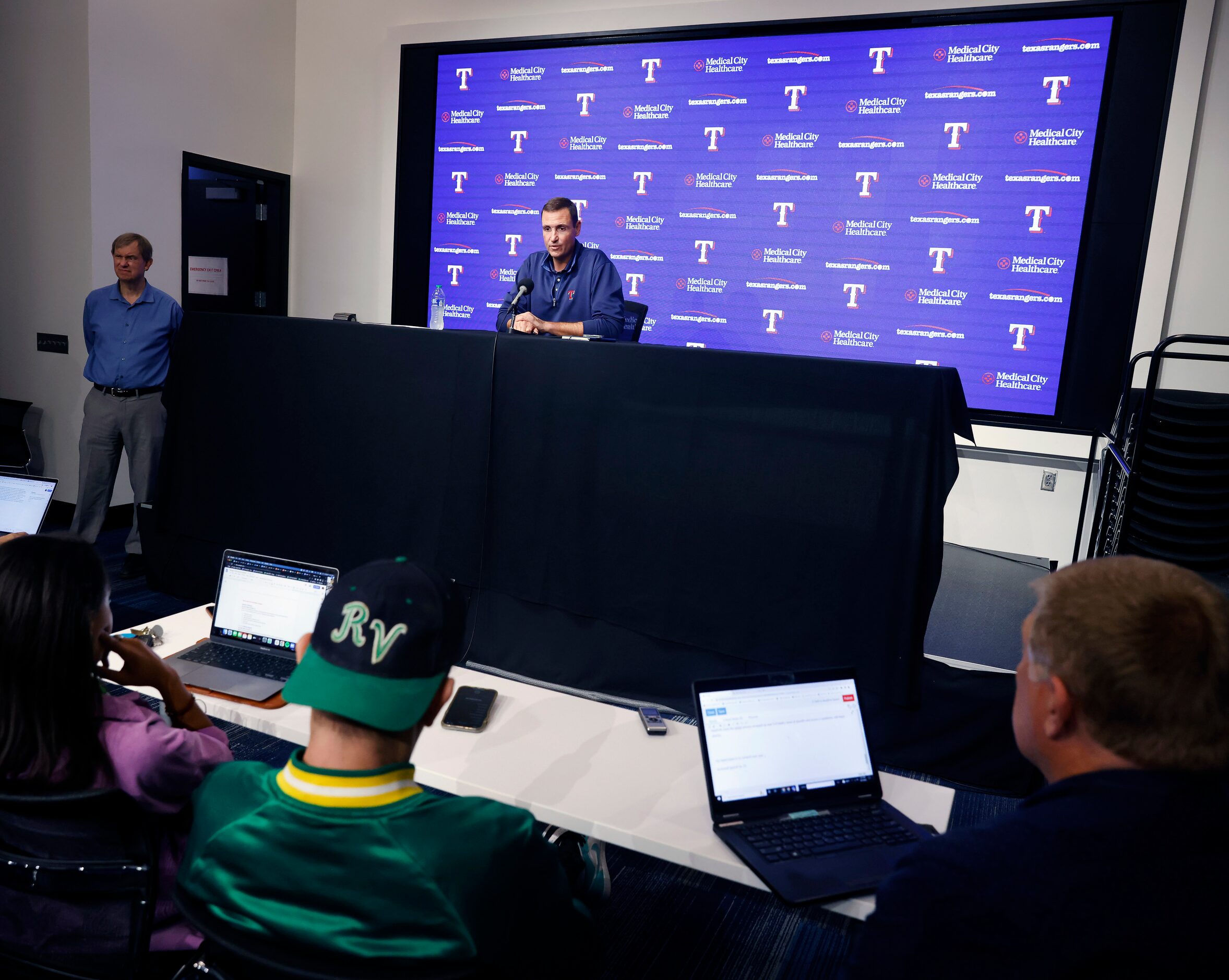 Texas Rangers General Manager Chris Young speaks with the media about the past season during...