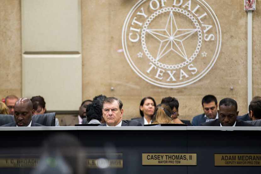 Dallas Mayor Mike Rawlings listens during a budget discussion on Tuesday, September 18,...