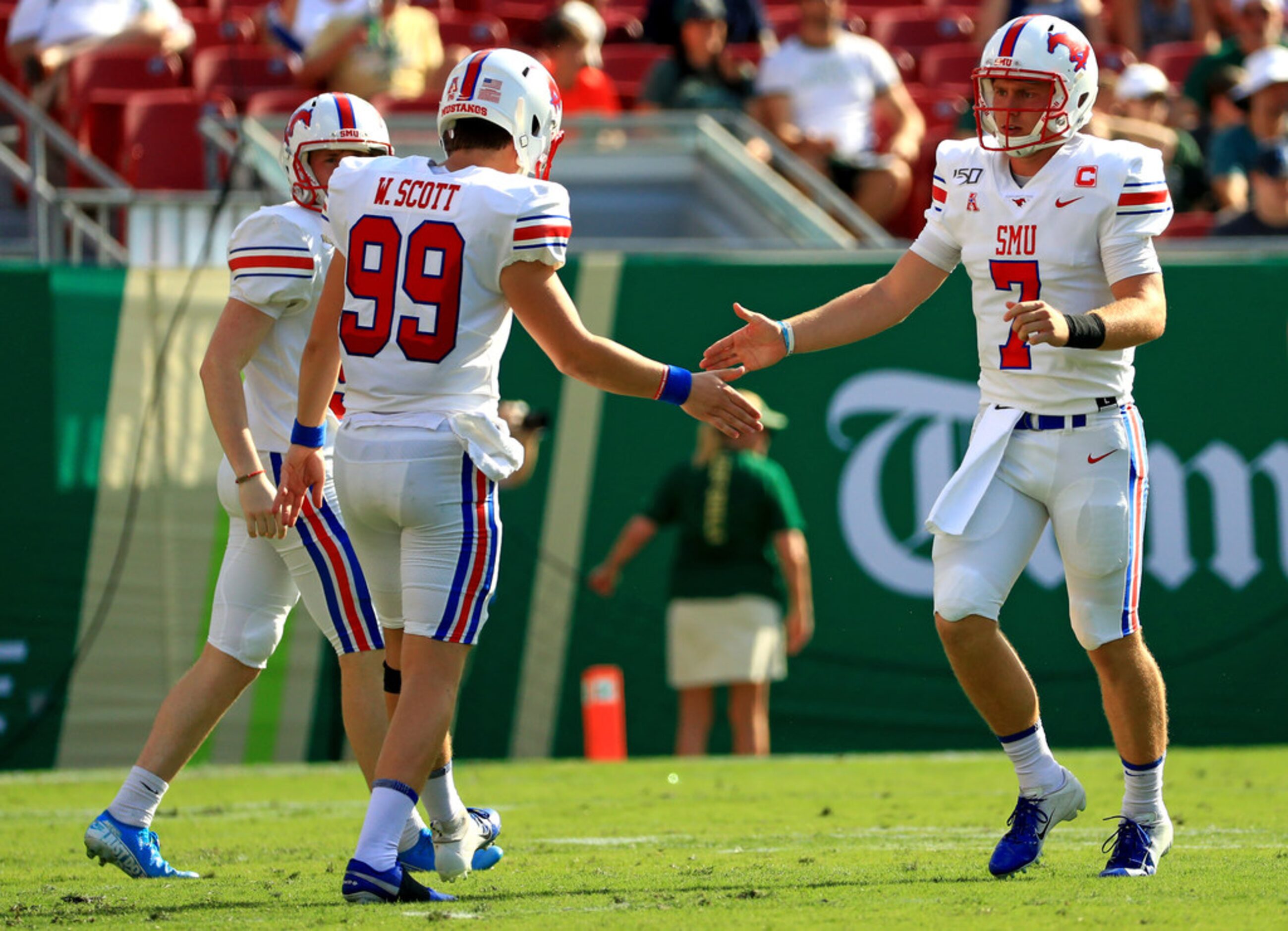 TAMPA, FLORIDA - SEPTEMBER 28: Shane Buechele #7 of the Southern Methodist Mustangs...