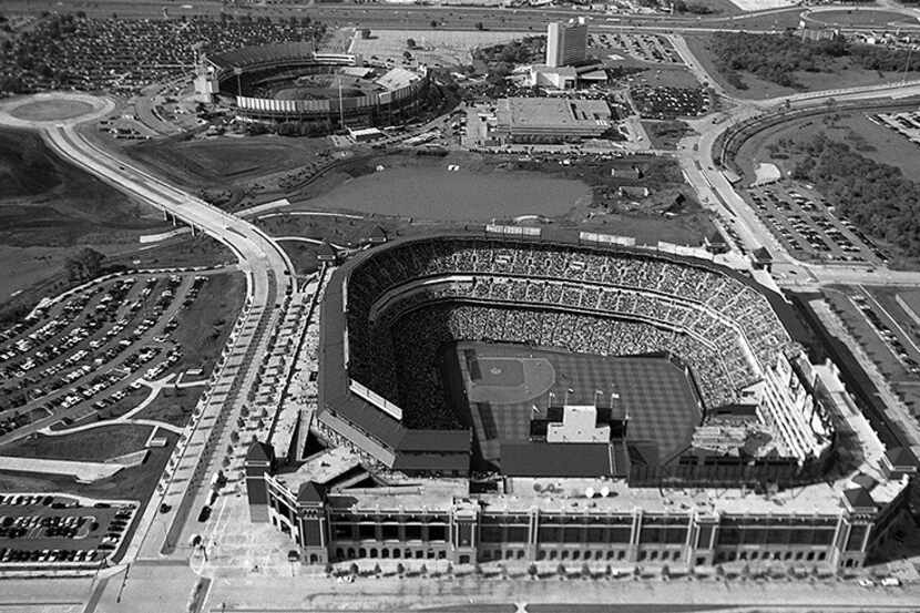  With Arlington Stadium in the background, an aerial view of The Ball Park at Arlington...