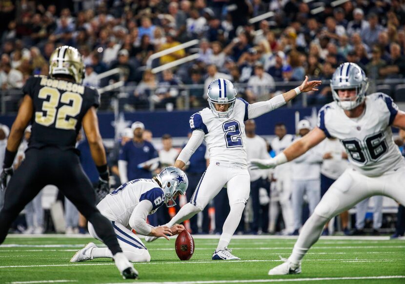 FILE - Cowboys kicker Brett Maher (2) kicks the ball during the first half of the NFL...