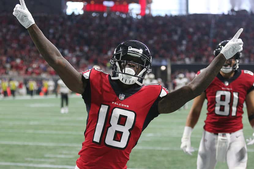 FILE - In this Sept. 23, 2018, file photo, Atlanta Falcons wide receiver Calvin Ridley...