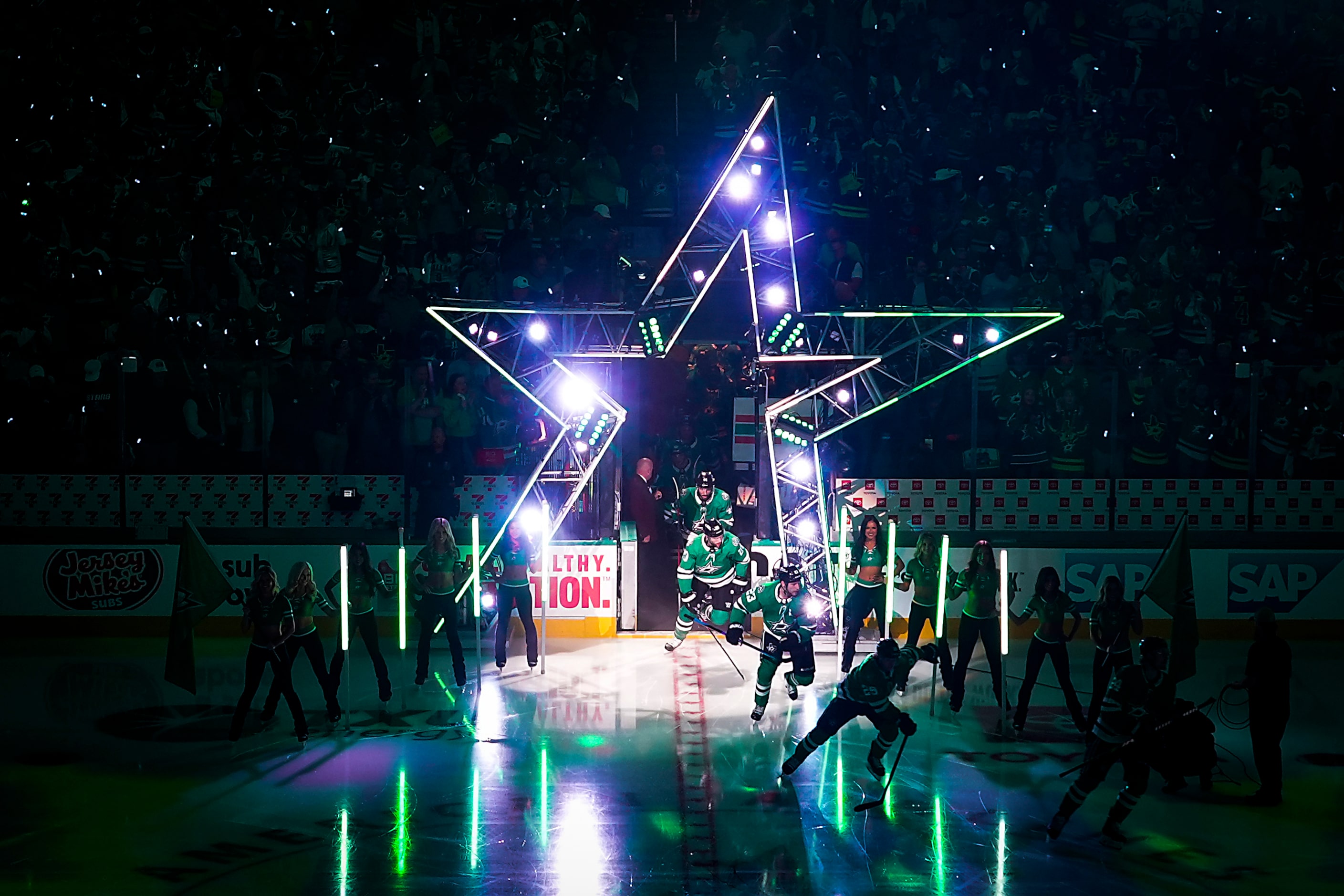 Dallas Stars players take the ice for Game 3 of the Stanley Cup Western Conference finals...